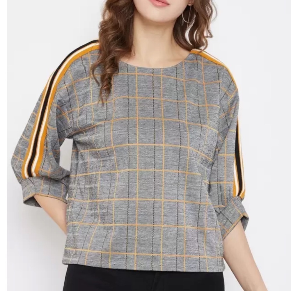 MADAME Women's Medium Grey Orange Plaid Academia Boxy‎ 3/4 Balloon Sleeve Top